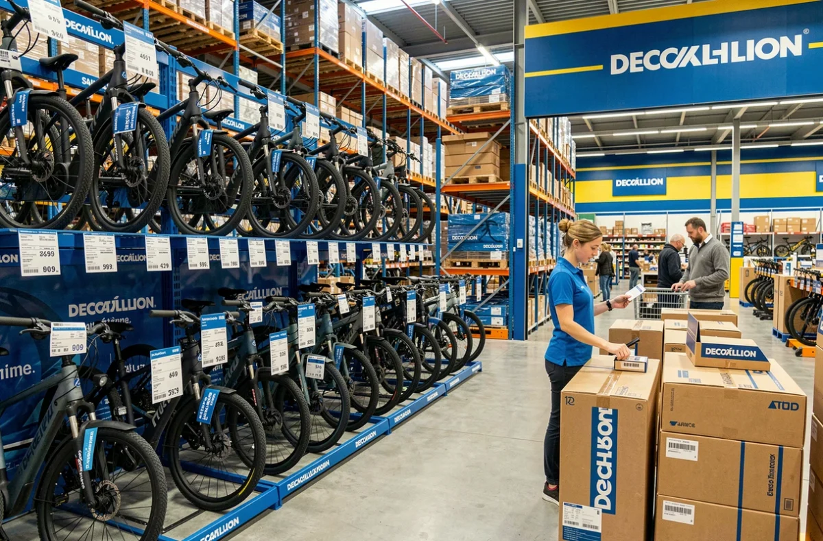 Rayon vélos électriques d'un magasin Decathlon à Saint-Étienne avec employée et clients en arrière-plan