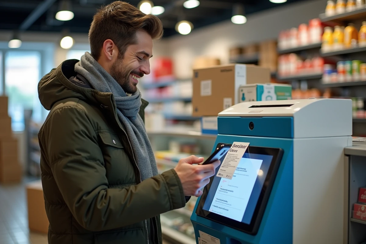 Homme déposant un colis Vinted Go dans un point relais, scannant l'étiquette d'expédition avec son téléphone portable