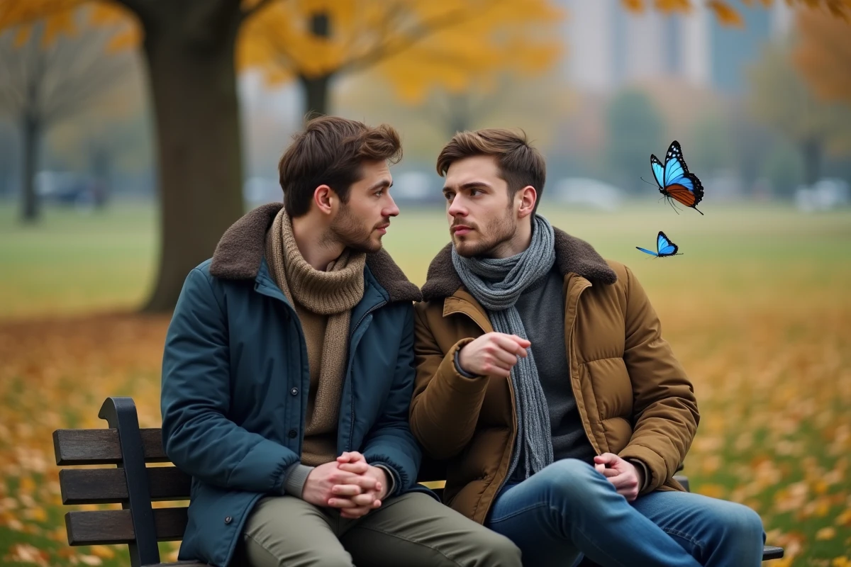 Deux jeunes hommes contemplent un papillon dans un parc urbain