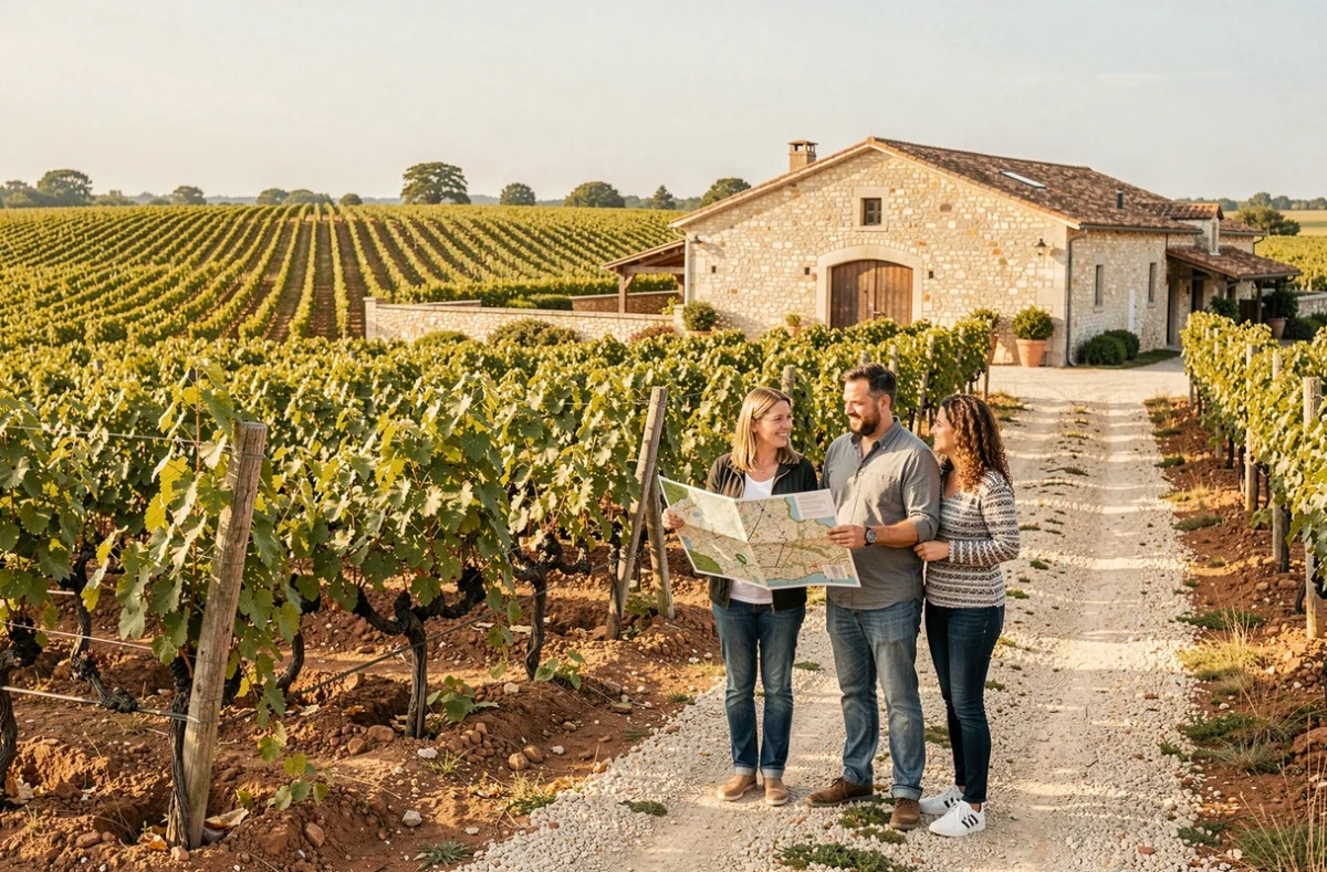 Famille participant à un jeu de piste en plein air dans les vignes du Domaine Sauvète à Monthou-sur-Cher