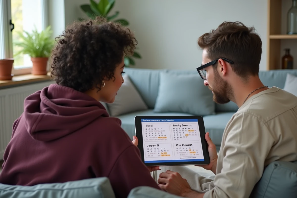 Deux adultes comparant les jeux Cimentix et Cémantix sur une tablette dans un salon moderne