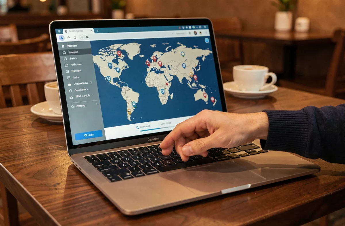 Écran d'ordinateur affichant une interface de sélection de serveur VPN avec une carte du monde interactive