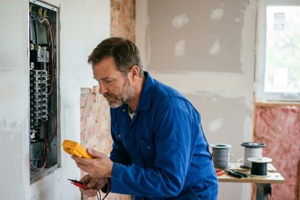 Électricien inspectant un panneau électrique dans une rénovation
