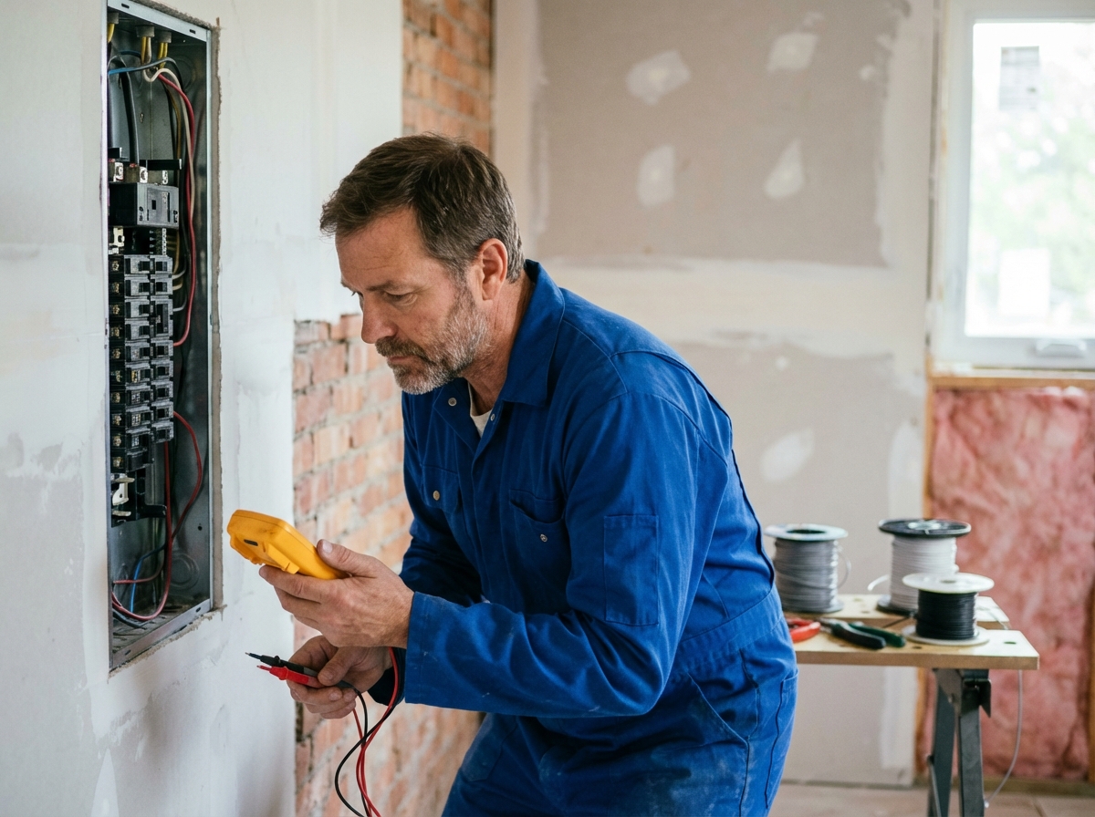 Électricien inspectant un panneau électrique dans une rénovation