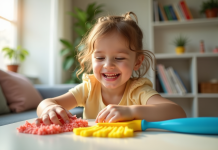 Enfant souriant avec un kit de nettoyage coloré dans un salon lumineux