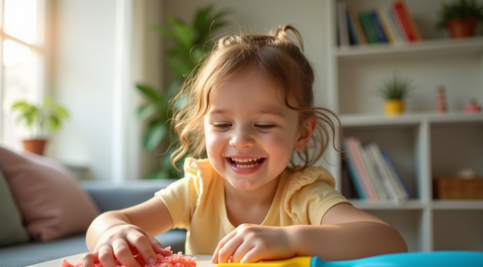 Enfant souriant avec un kit de nettoyage coloré dans un salon lumineux