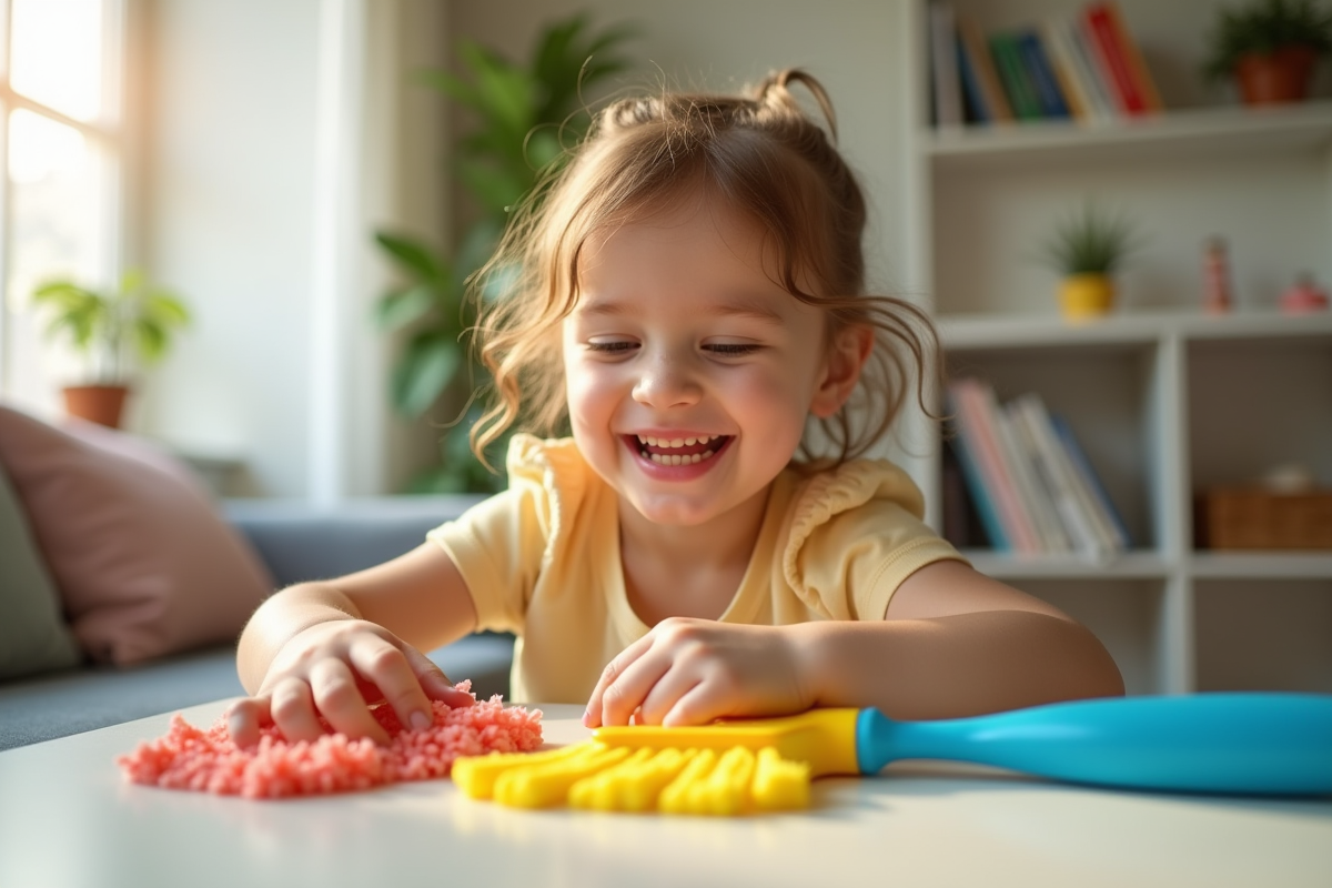 Enfant souriant avec un kit de nettoyage coloré dans un salon lumineux