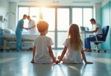 Deux jeunes enfants main dans la main dans une salle d'hôpital lumineuse