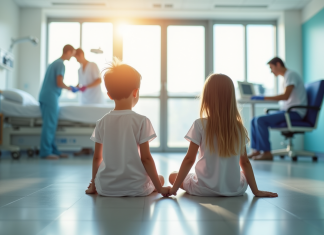 Deux jeunes enfants main dans la main dans une salle d'hôpital lumineuse