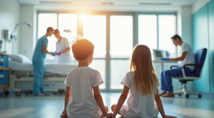 Deux jeunes enfants main dans la main dans une salle d'hôpital lumineuse