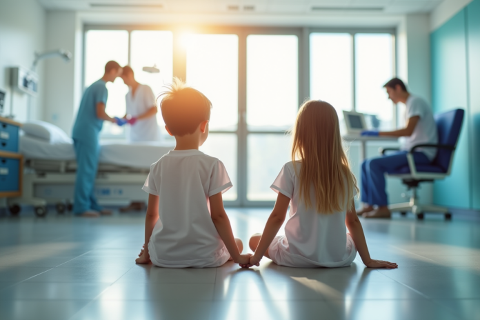 enfants-hospital-main Deux jeunes enfants main dans la main dans une salle d'hôpital lumineuse