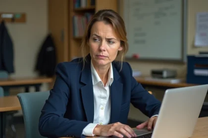 Enseignante consultant sa grille salariale et ses fiches de paie dans une salle des professeurs