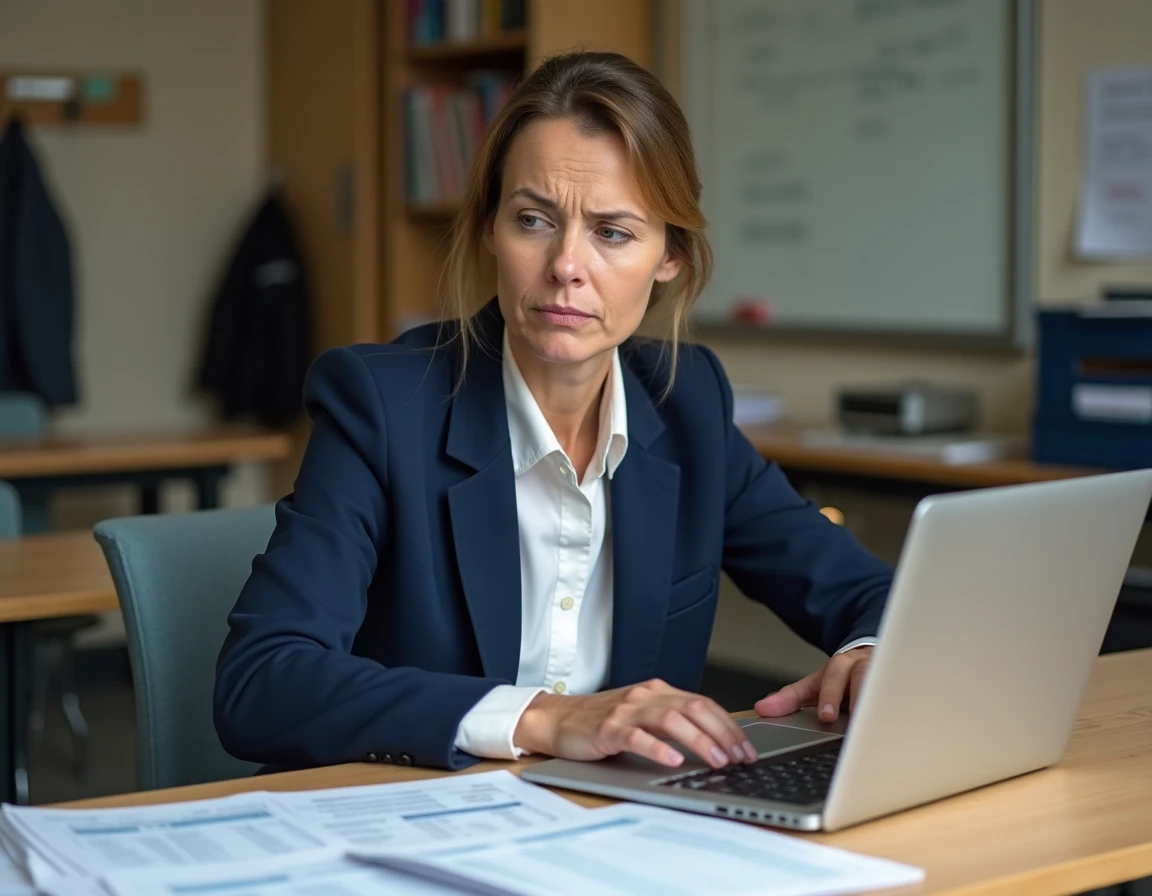 Enseignante consultant sa grille salariale et ses fiches de paie dans une salle des professeurs