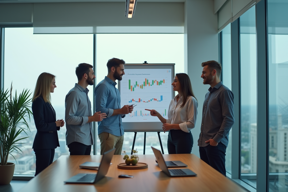Groupe de professionnels fintech discutant autour d’un tableau digital