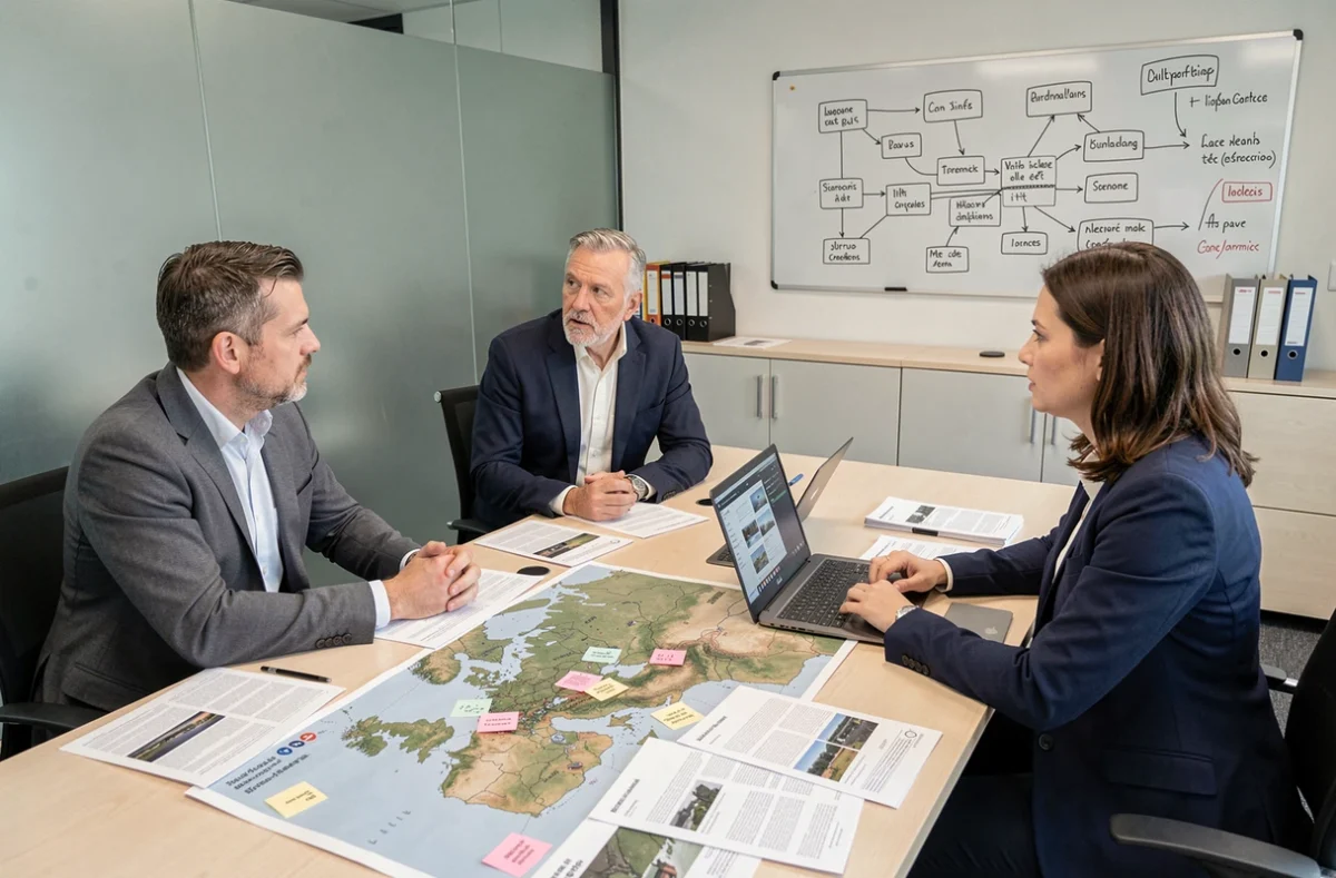 Équipe de professionnels analysant des rapports de défense et une carte géopolitique lors d'une session de veille stratégique en salle de conférence