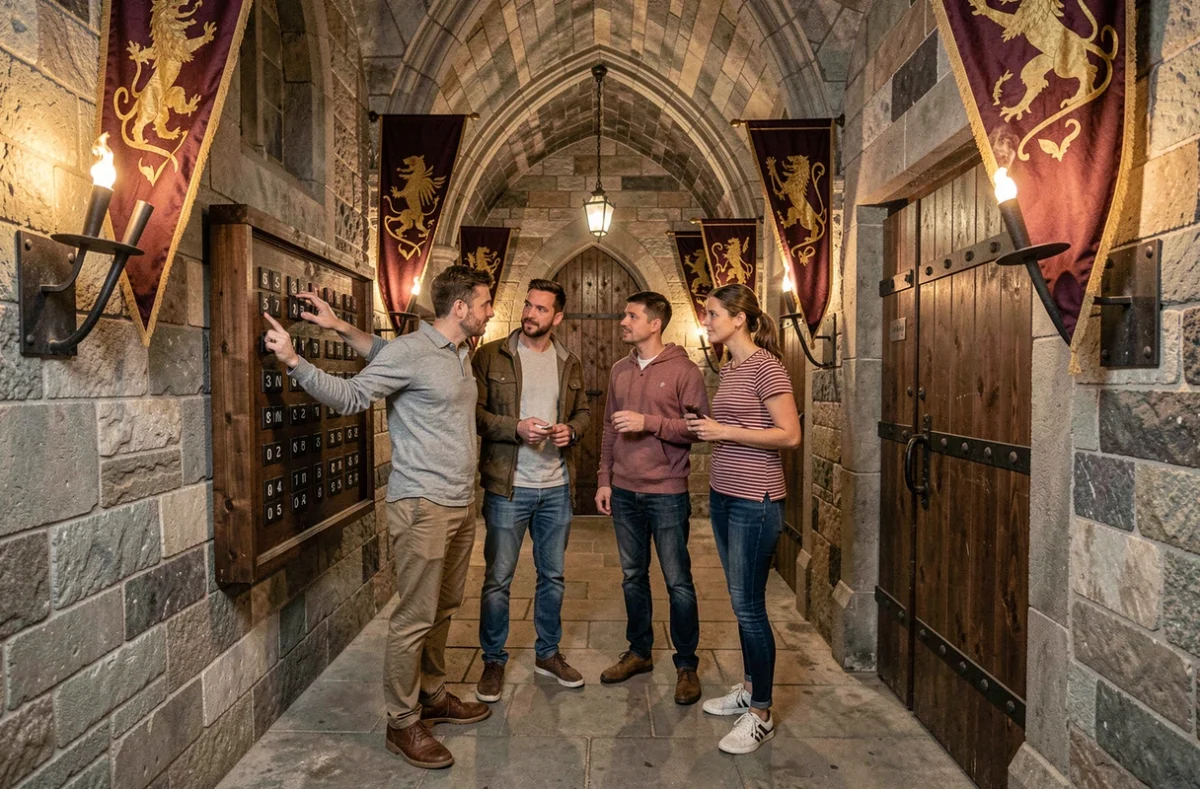 Groupe de joueurs dans un escape room médiéval style château à Fréteval, Escape Castle 41
