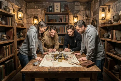Groupe de joueurs adultes concentrés autour d'indices dans une salle d'escape game immersive en Loir-et-Cher