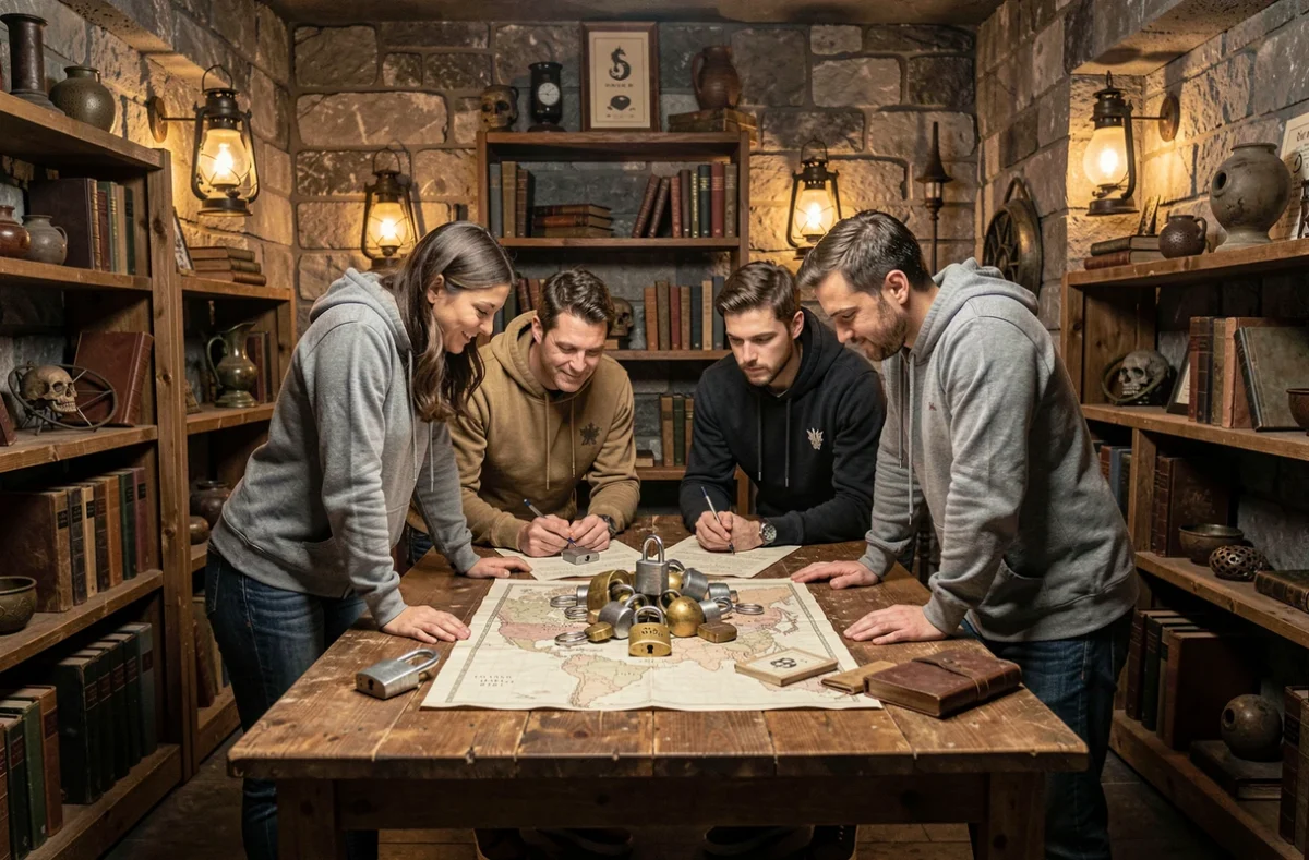 Groupe de joueurs adultes concentrés autour d'indices dans une salle d'escape game immersive en Loir-et-Cher