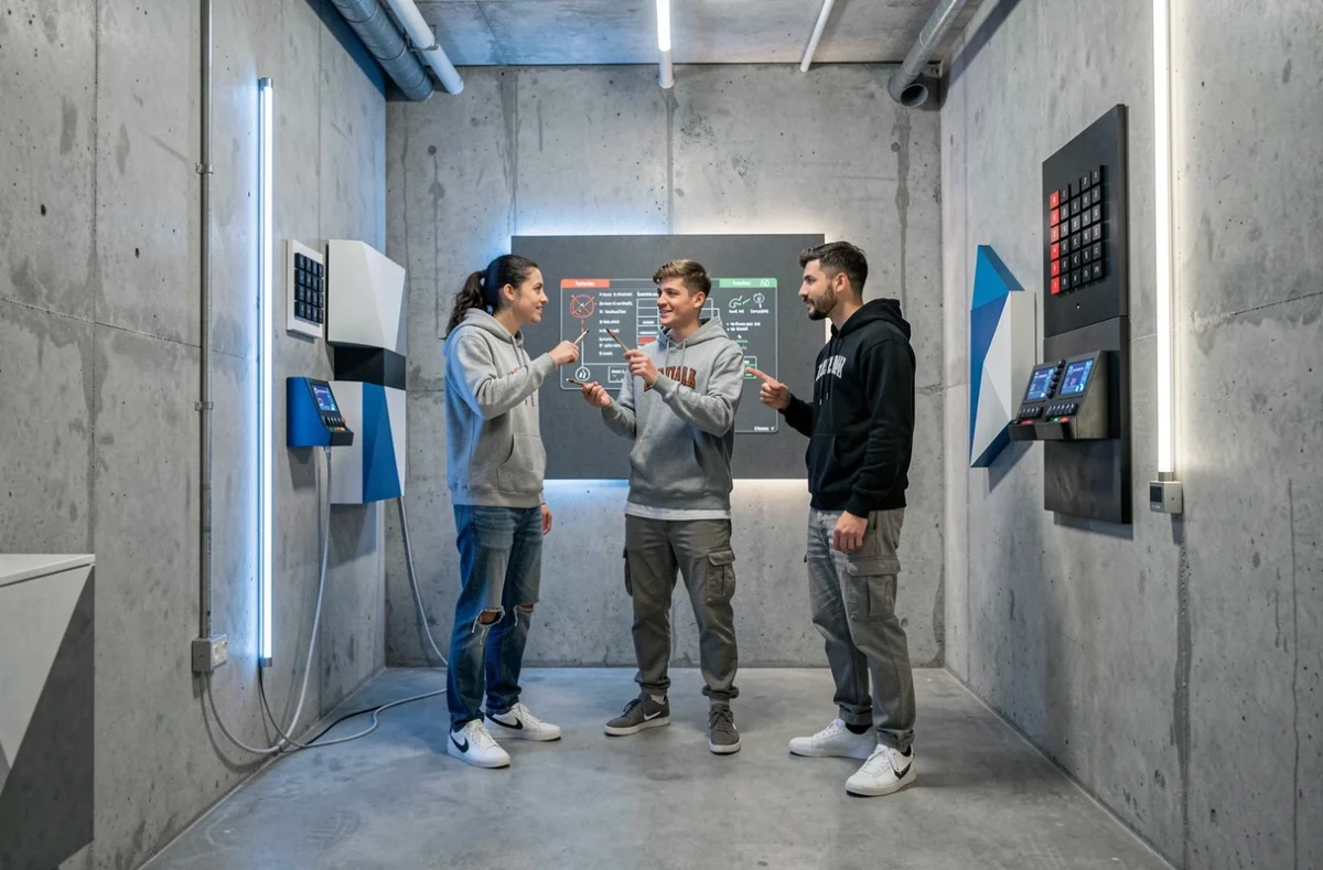 Jeunes adultes dans la salle moderne et design de l'escape game Eskap à Blois
