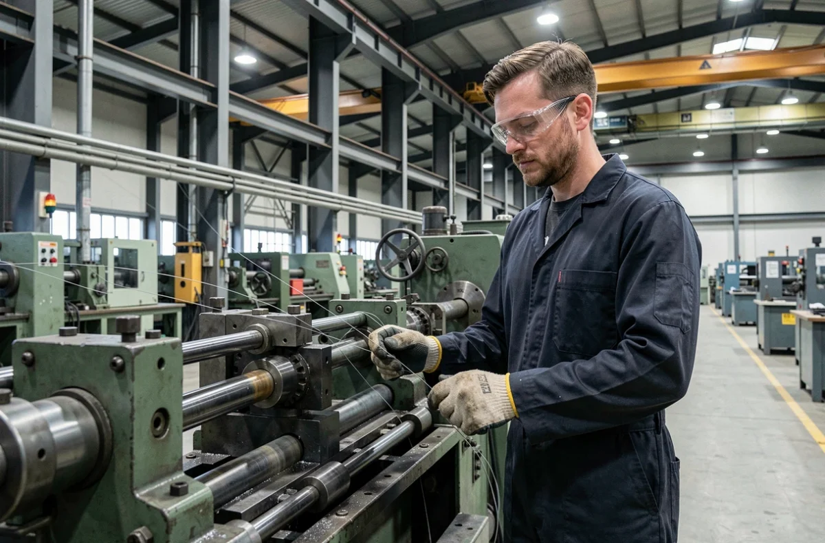 Technicien de l'Étirage de Charonne supervisant une machine d'étirage de métal en atelier industriel