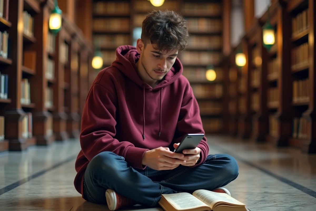 Étudiant en bibliothèque universitaire vérifiant la conversion de chiffres romains sur smartphone avec un manuel ouvert