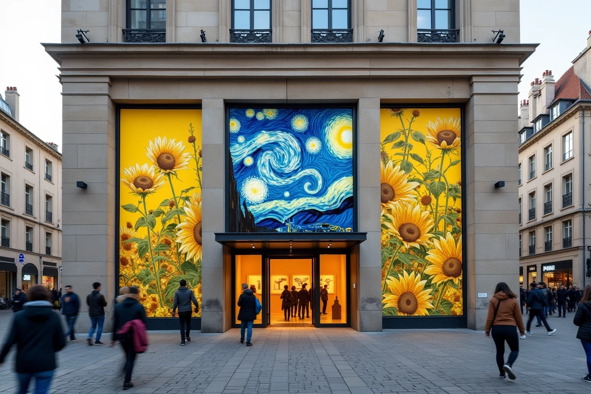 Façade de la salle d'exposition Van Gogh à Lyon avec banderoles et visiteurs en file d'attente