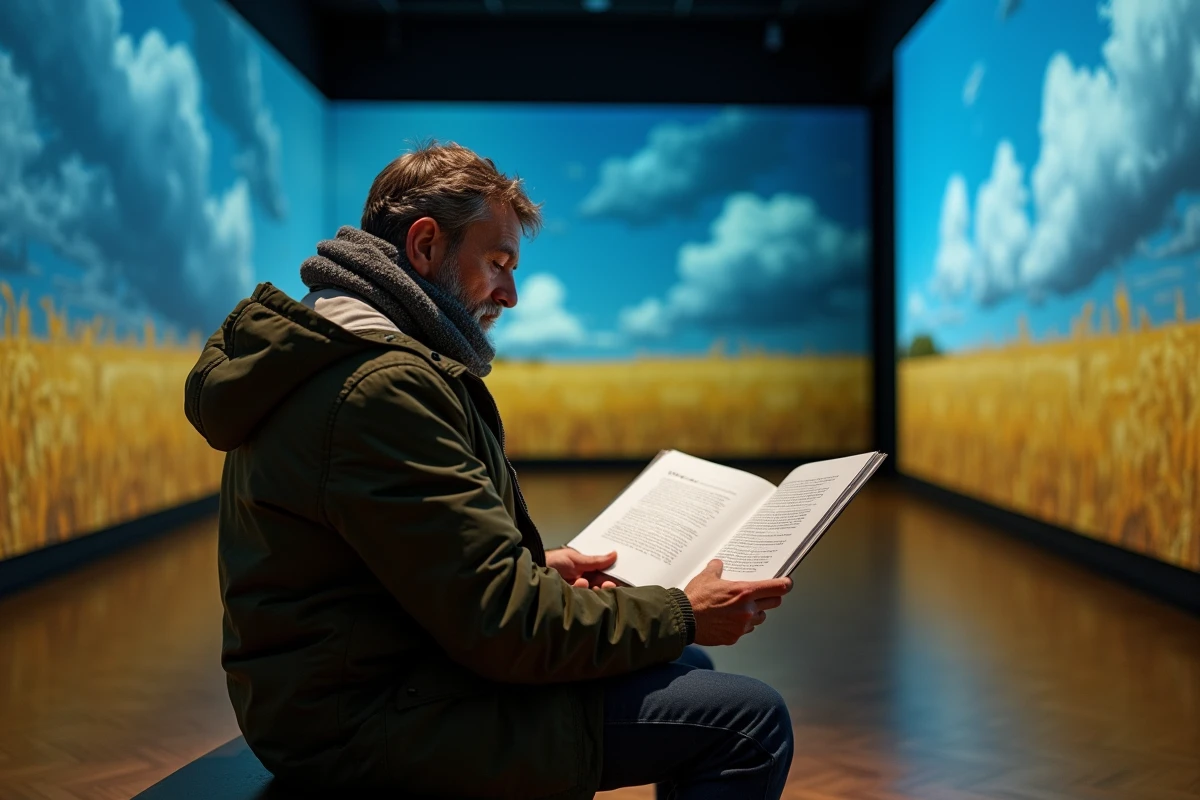 Visiteur consultant le programme de l'exposition Van Gogh assis dans une salle immersive à Lyon