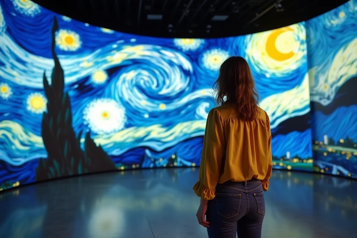 Visiteuse immergée dans une projection numérique Van Gogh lors de l'exposition immersive à Lyon