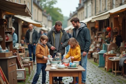 Famille avec enfants qui parcourent une brocante en plein air dans un village de Moselle, ambiance authentique et conviviale