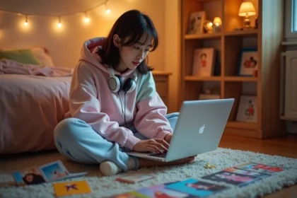 Jeune fan de K-pop entourée de photocards et d'albums coréens dans sa chambre, découvrant des groupes sur son ordinateur portable