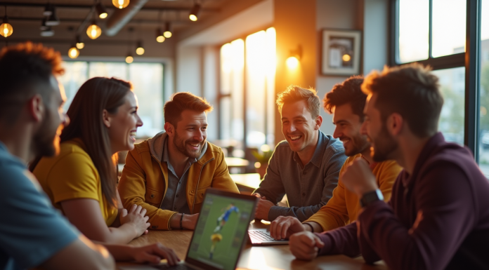 Groupe de supporters de football discutant dans un café