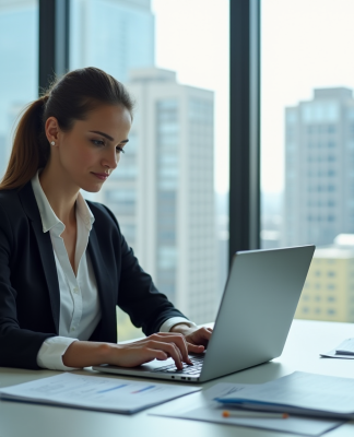 Femme d'affaires confiante analysant des données financières