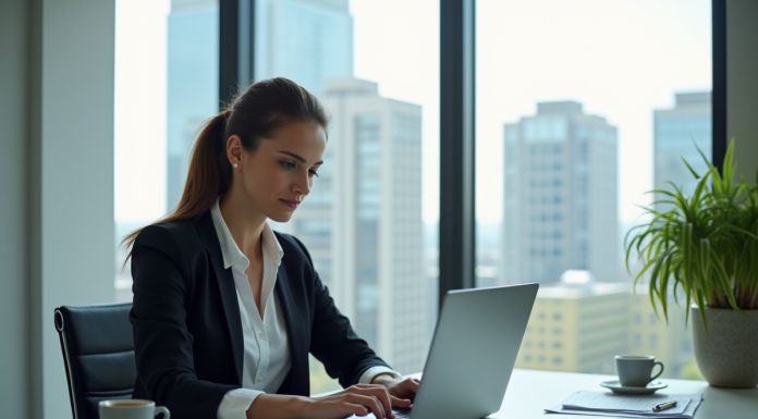 Femme d'affaires confiante analysant des données financières