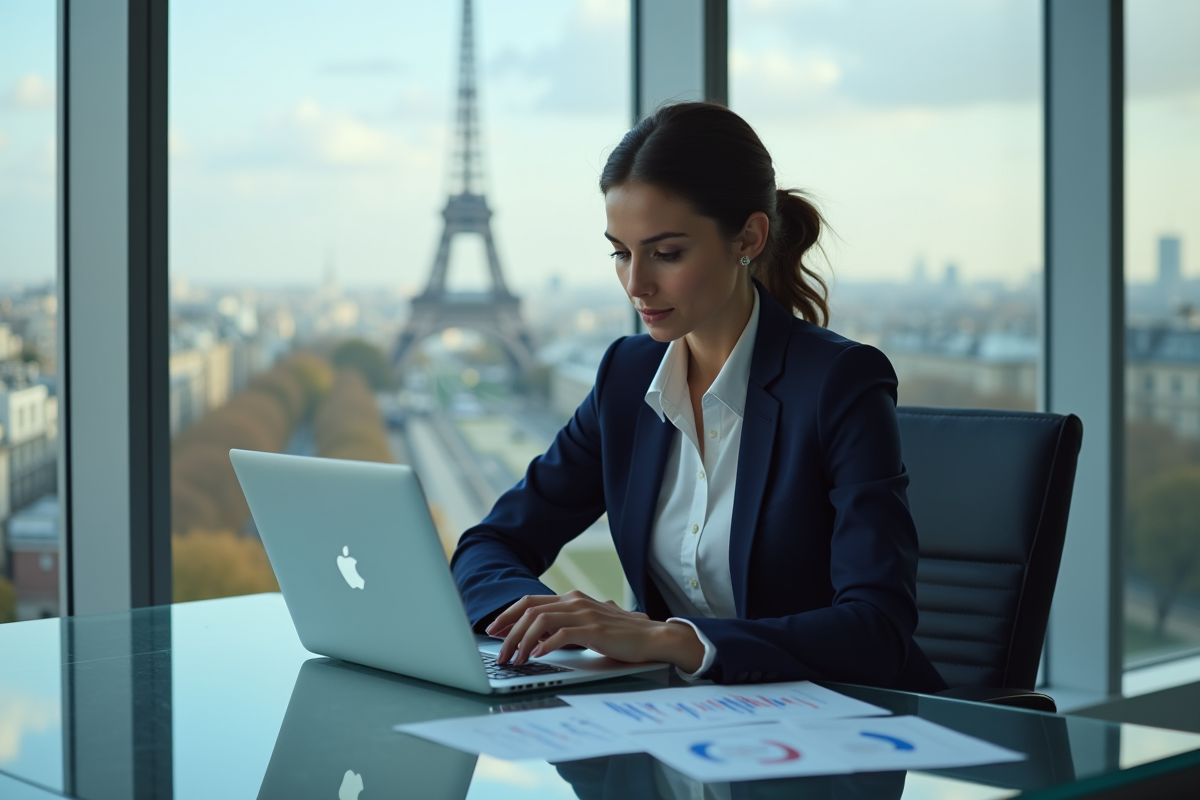 Femme d'affaires regardant des graphiques d'investissement dans un bureau moderne