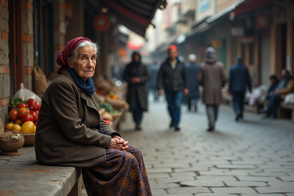 Femme âgée assise dans un marché en plein air avec un manteau usé