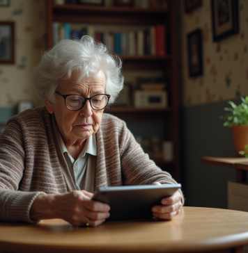 Femme agee concentrée utilisant une tablette dans un appartement