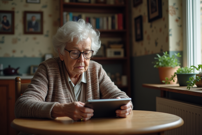 Femme agee concentrée utilisant une tablette dans un appartement