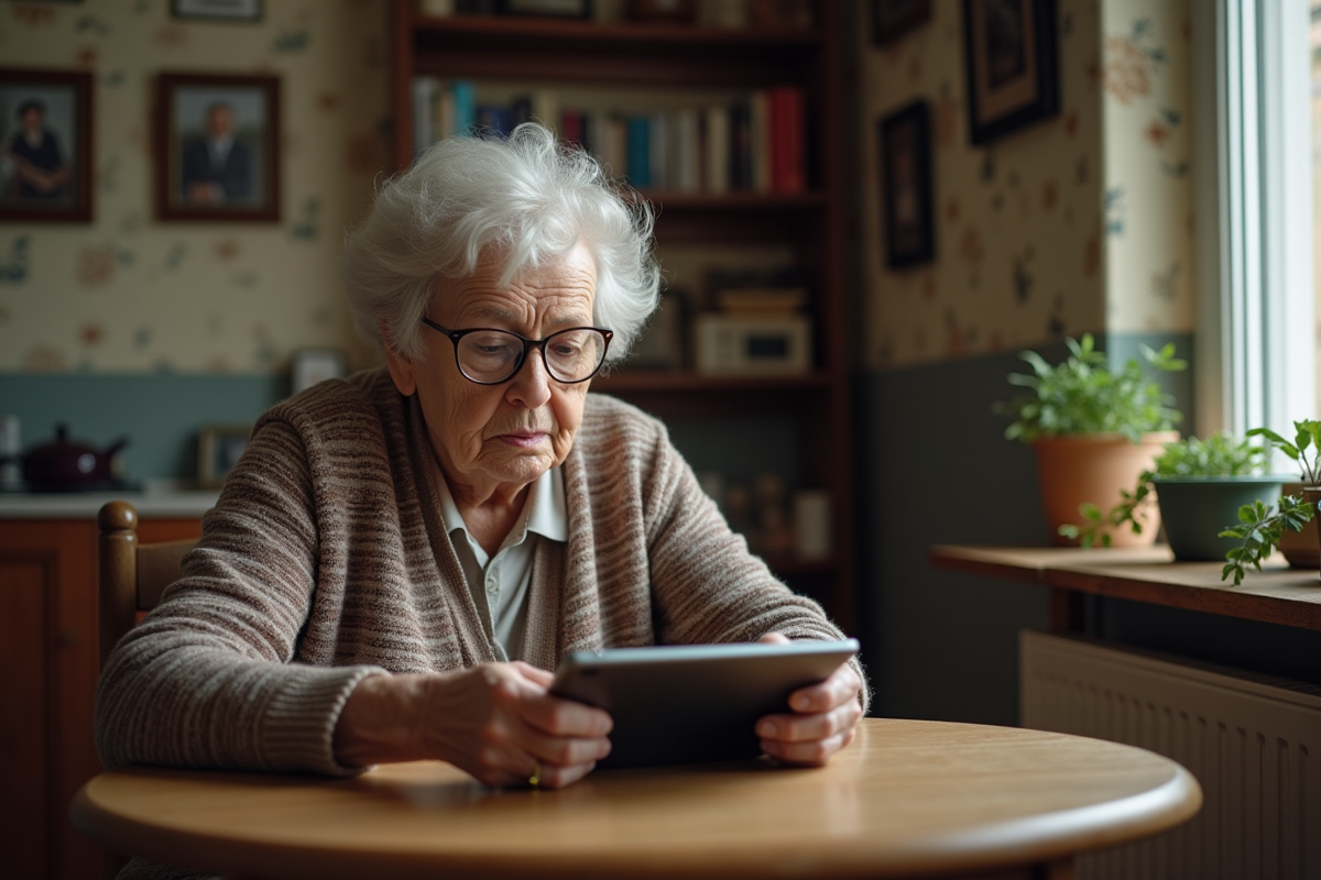 Femme agee concentrée utilisant une tablette dans un appartement