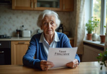 Femme agee tenant un document taxe fonciere dans la cuisine