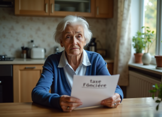 Âge exonération taxe foncière : quel est le seuil ? Femme agee tenant un document taxe fonciere dans la cuisine