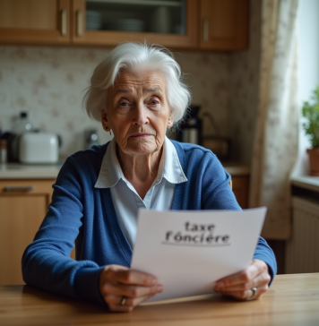 Âge exonération taxe foncière : quel est le seuil ? Femme agee tenant un document taxe fonciere dans la cuisine