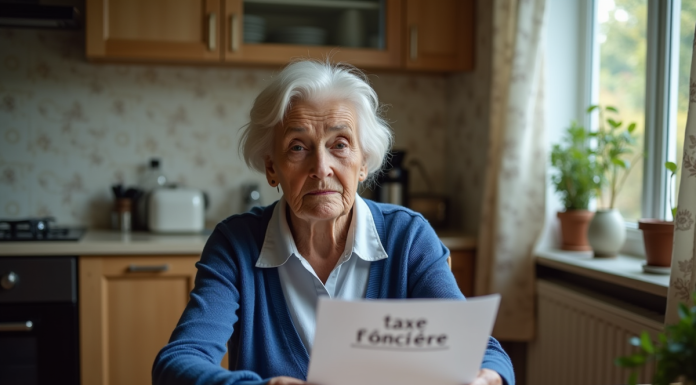 Femme agee tenant un document taxe fonciere dans la cuisine