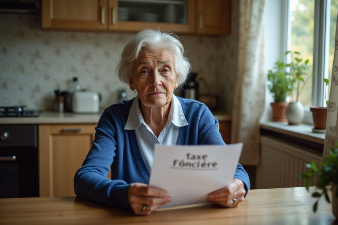 femme-agee-taxe-fonciere Femme agee tenant un document taxe fonciere dans la cuisine