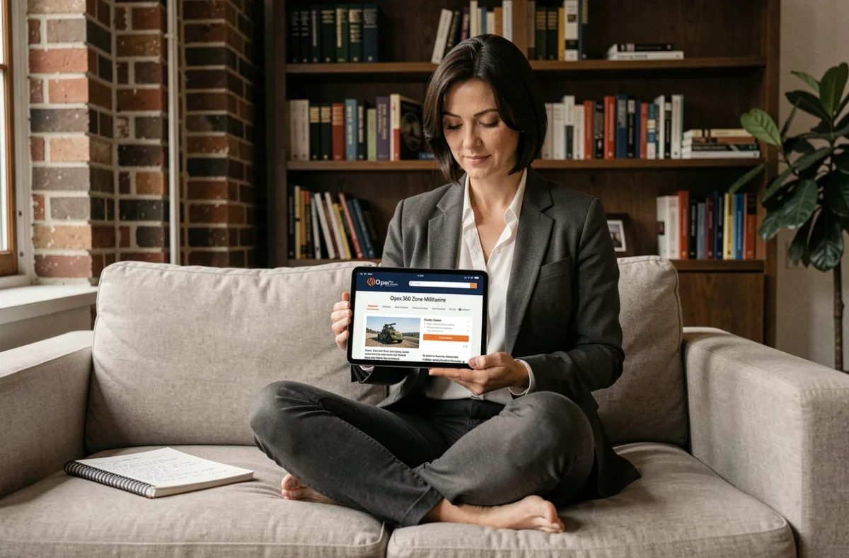 Femme analyste consultant le site Opex 360 Zone Militaire sur une tablette dans un bureau à domicile pour une veille stratégique