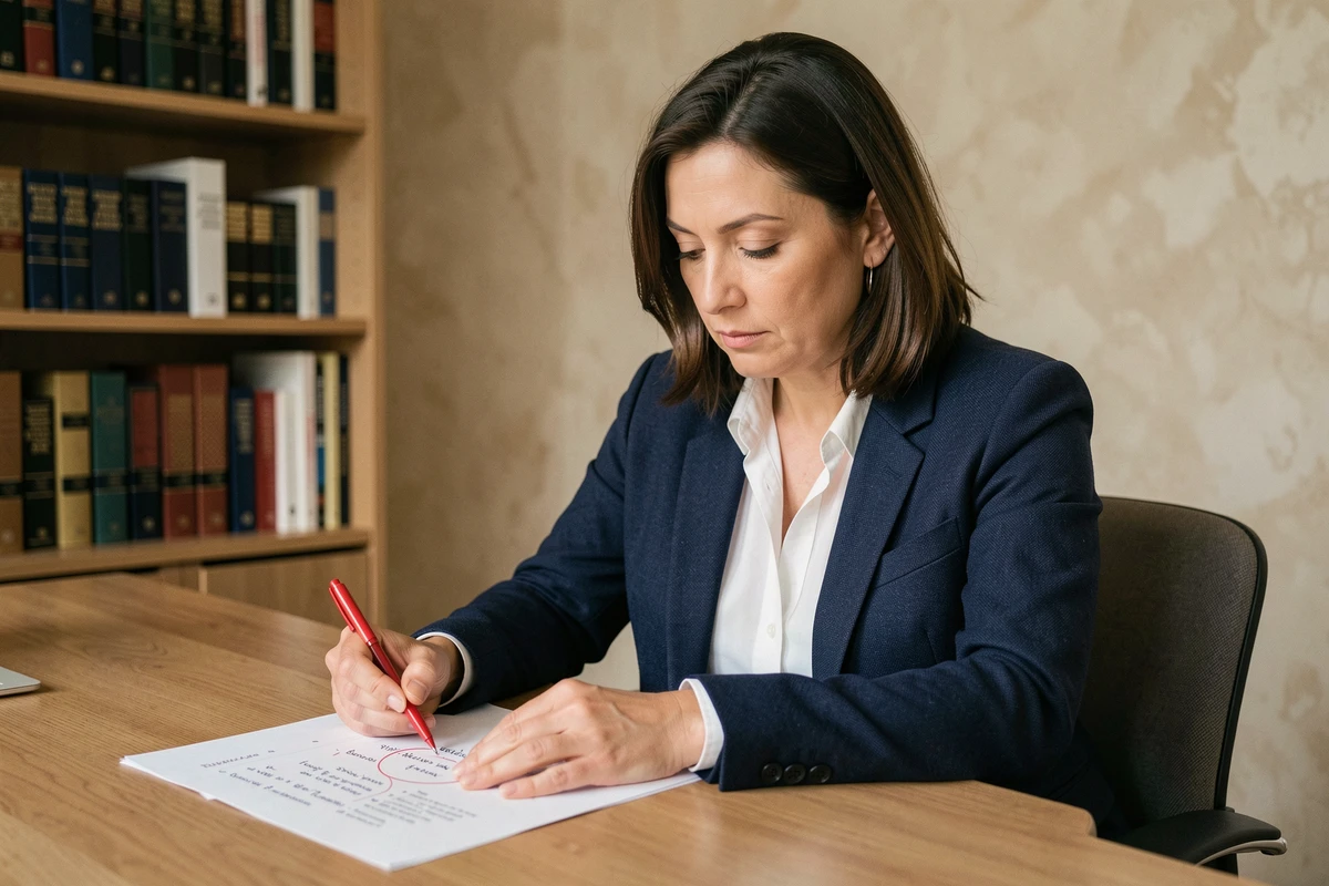 Femme annotant un document avec un stylo rouge pour trouver des synonymes et alternatives lexicales correctes