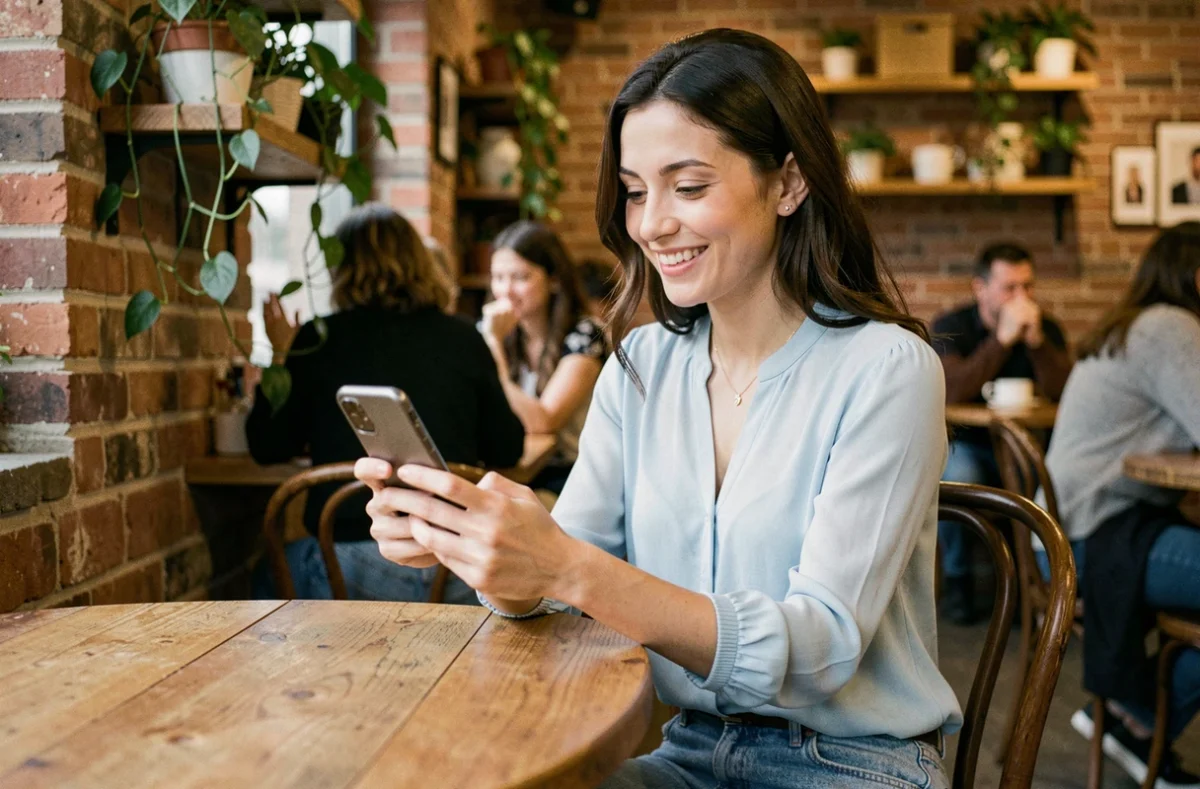 Jeune femme consultant une application de rencontres sur son smartphone dans un café urbain