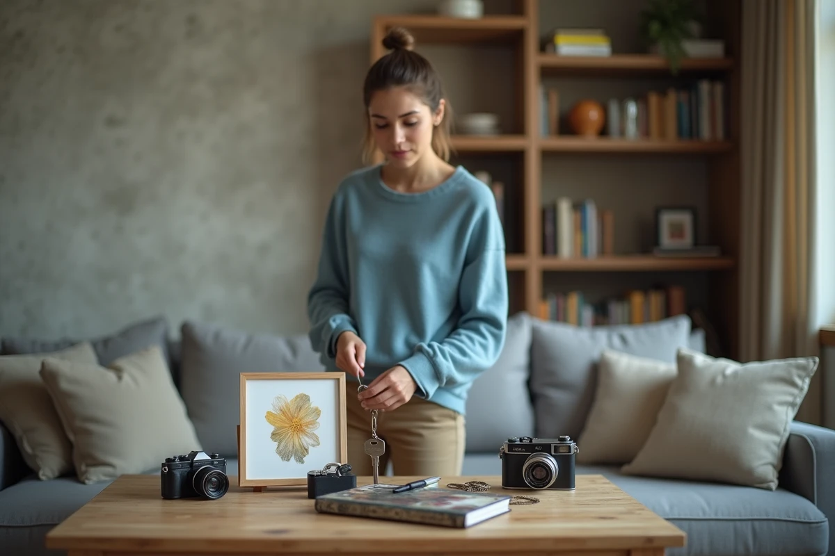Jeune femme arrange des objets personnels dans un salon chaleureux