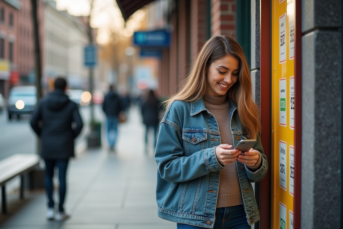 Jeune femme en extérieur vérifiant les taux d intérêt sur son téléphone