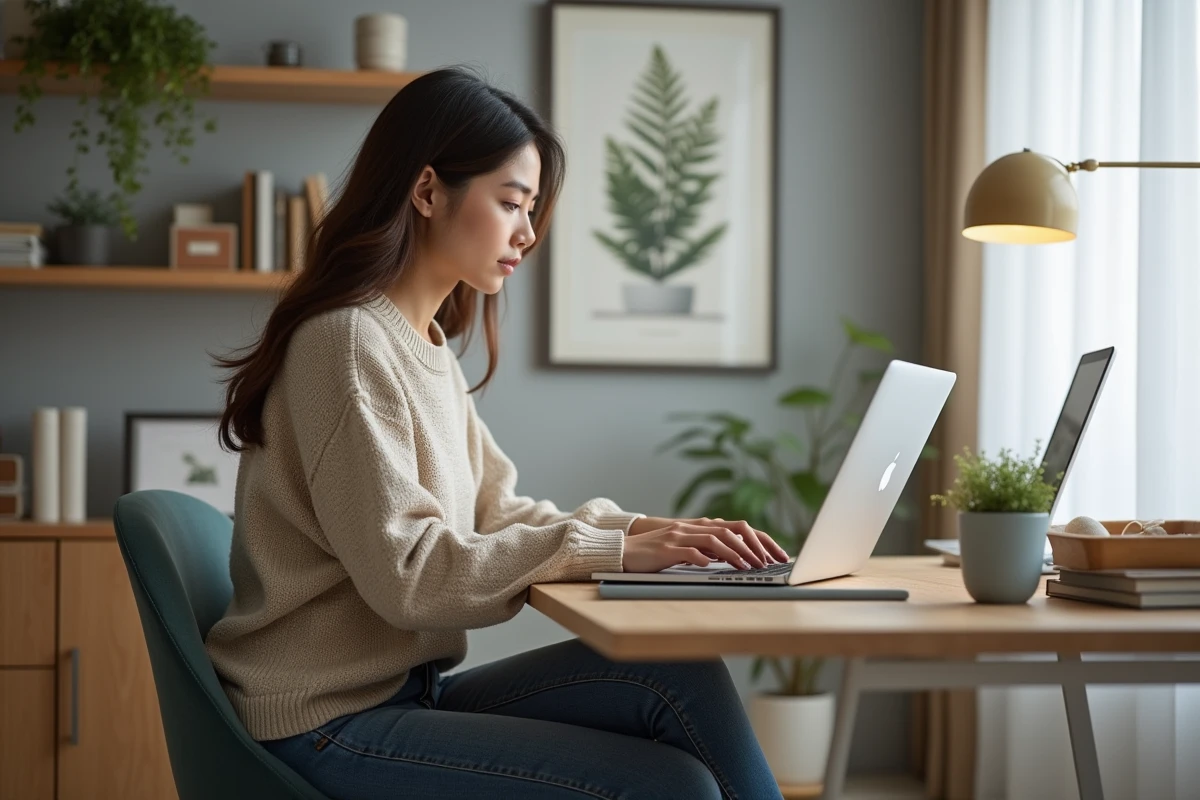 Jeune femme au bureau à domicile concentrée sur son ordinateur
