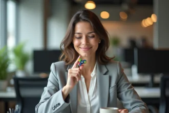 Femme souriante en pause anti-stress au bureau faisant tourner une toupie sur son doigt